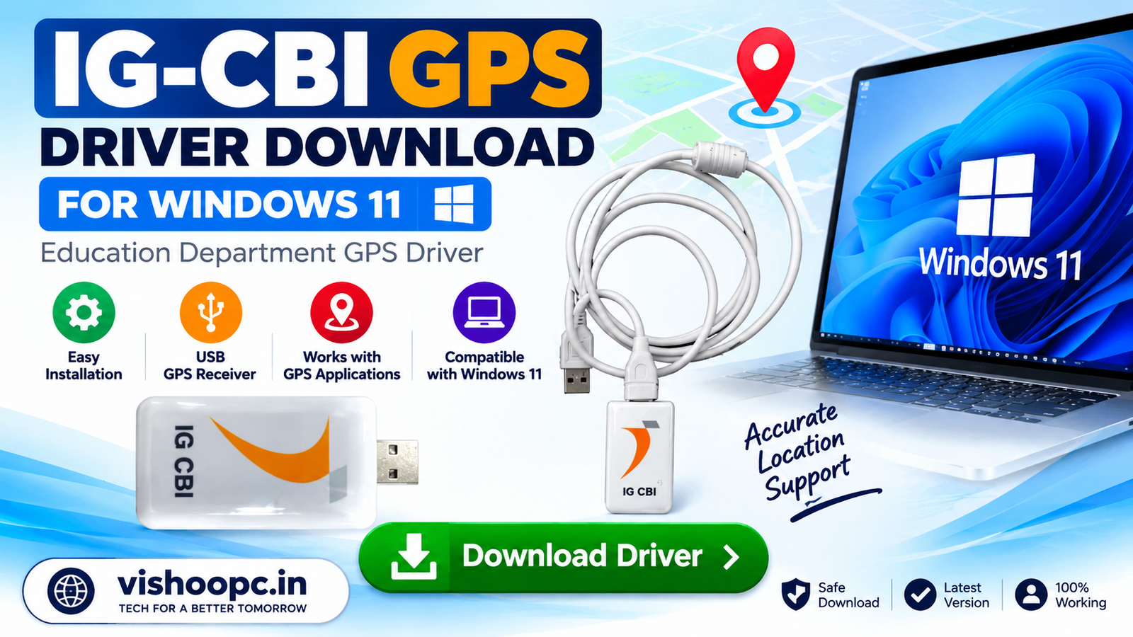 IG-CBI USB GPS receiver and cable with driver download information, installation details and Windows PC compatibility.