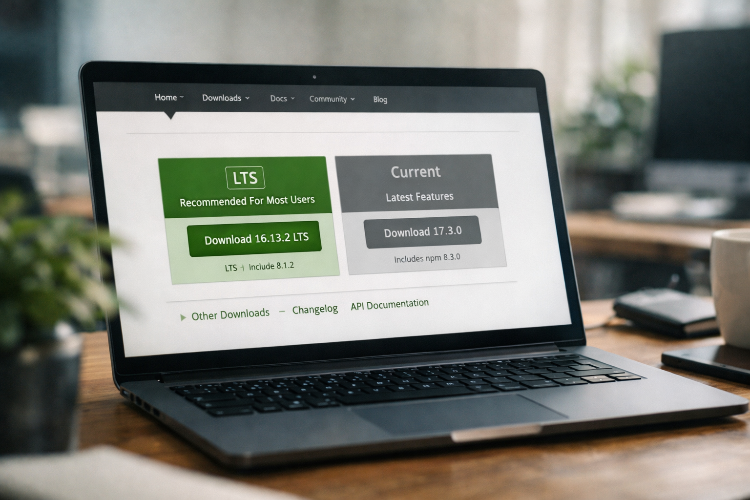 Node.js LTS download page on Windows laptop screen