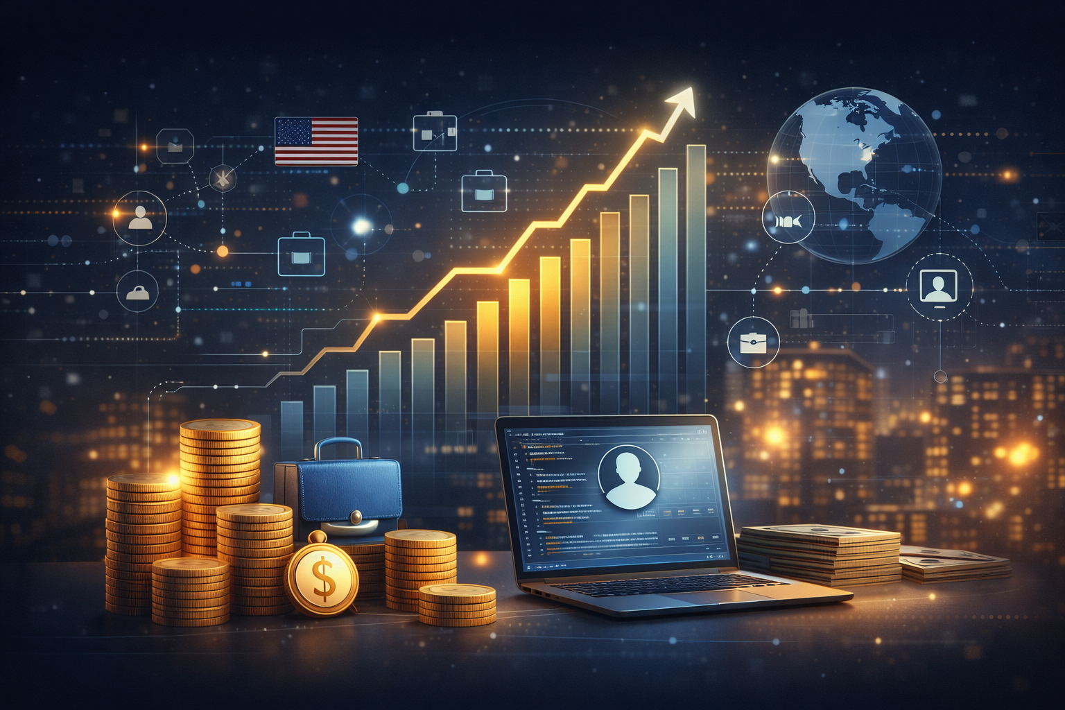Conceptual illustration showing software developer salary growth with upward charts and remote work in the global tech industry.