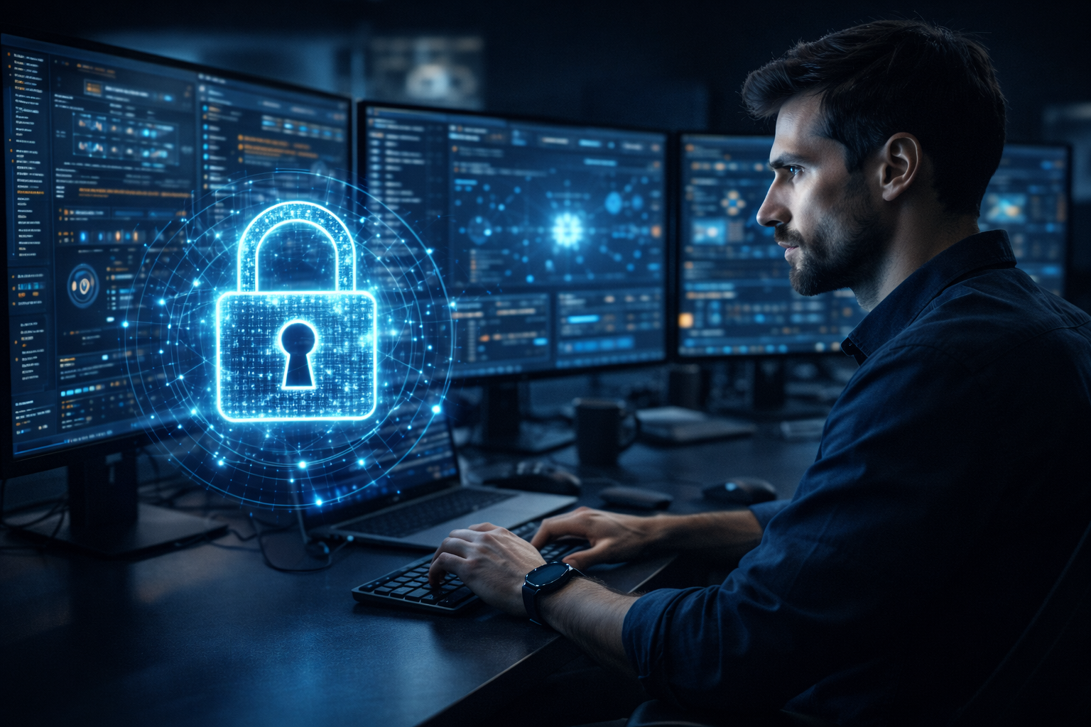 Cybersecurity analyst monitoring digital security dashboard to prevent data breaches