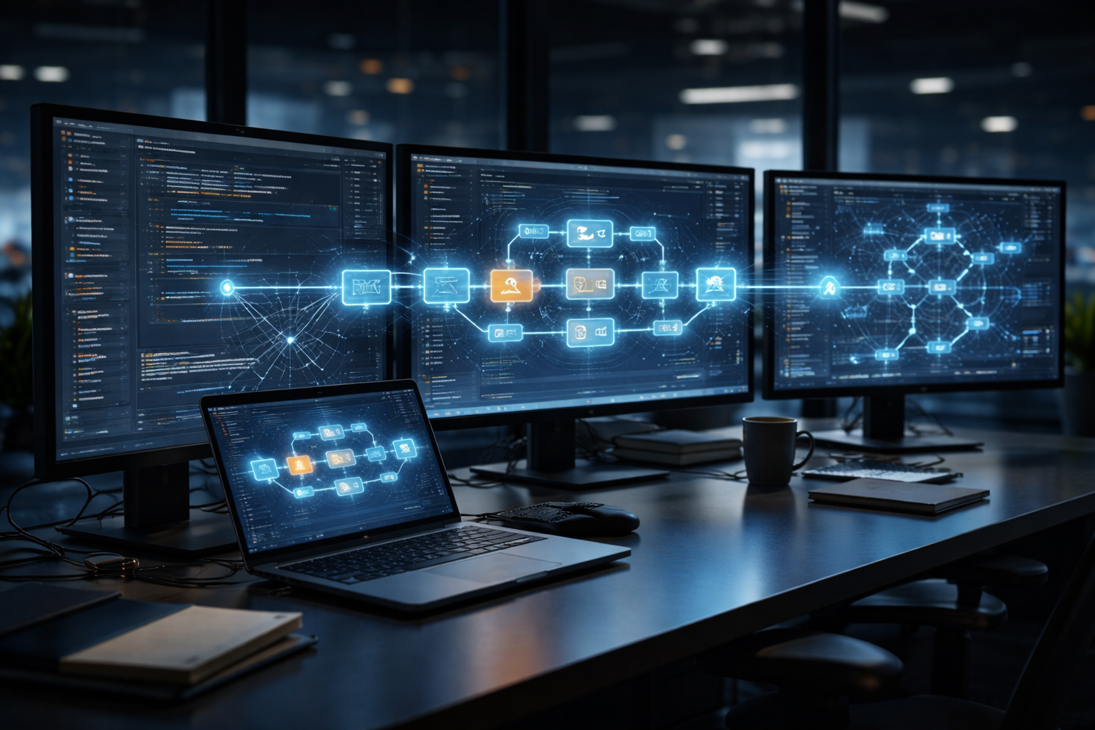 CI/CD pipeline dashboards on multiple monitors in a modern tech office.