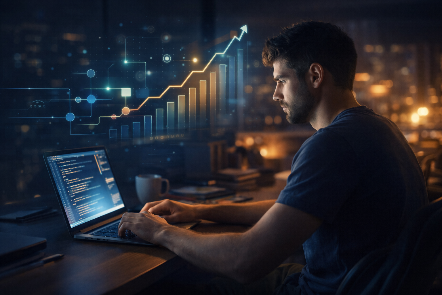 A motivated young programmer working late at night on a laptop, representing career planning and future success in programming.