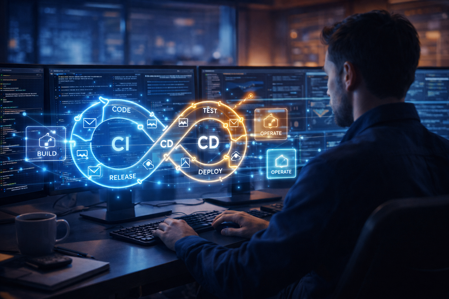 DevOps engineer managing CI CD automation pipeline in modern software company