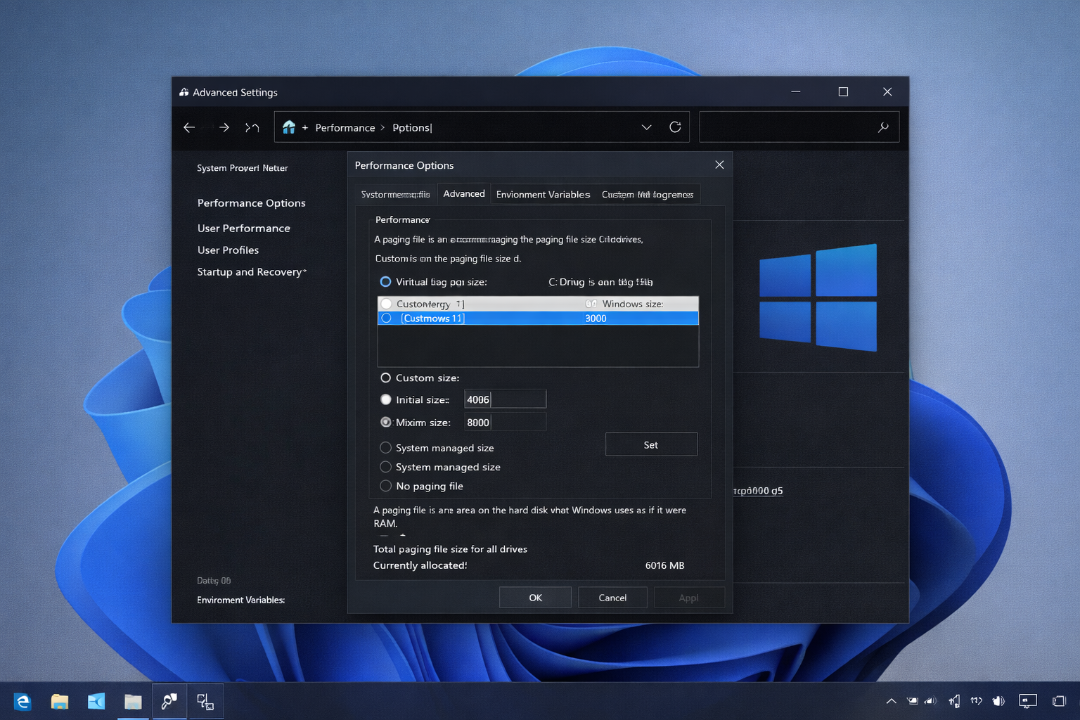 Windows 11 virtual memory custom size setting