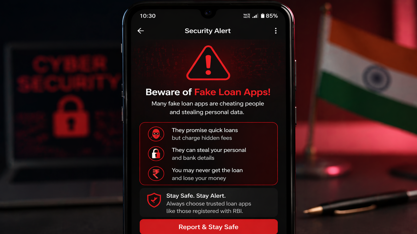 A smartphone showing a warning alert for fake loan apps, red danger icon, cyber security theme, dark background, Indian context, bold warning symbol, realistic lighting, high quality