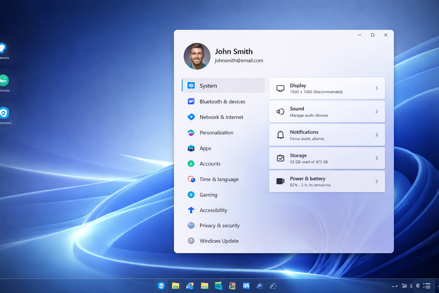 Futuristic Windows 11 desktop with glowing icons and modern settings UI