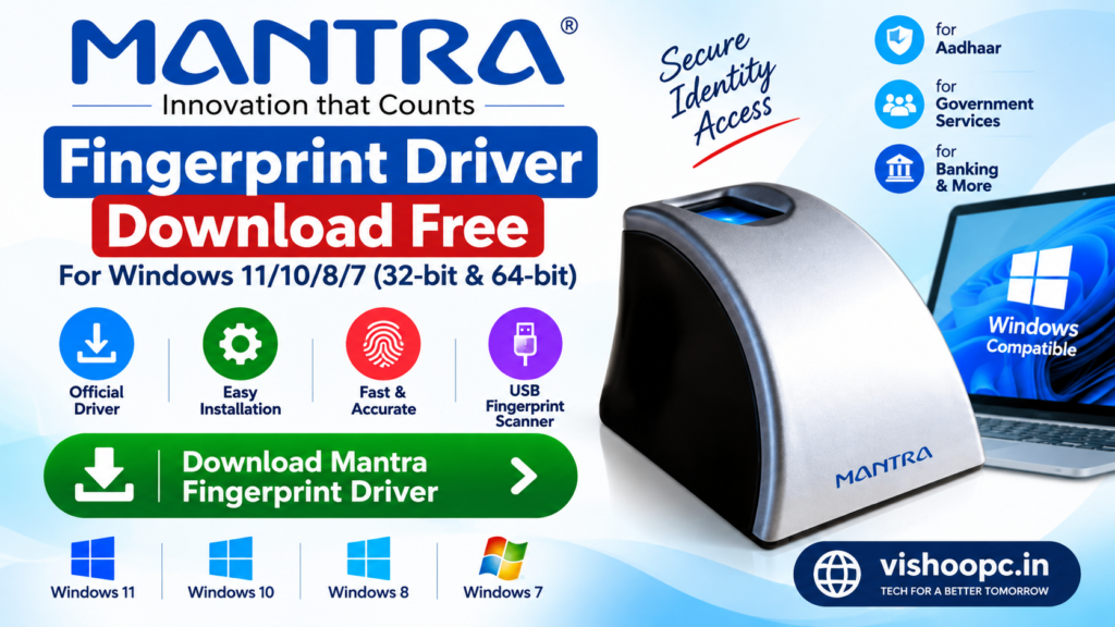 Mantra L0 fingerprint scanner feature image showing driver download, USB fingerprint device, Windows compatibility and installation information.