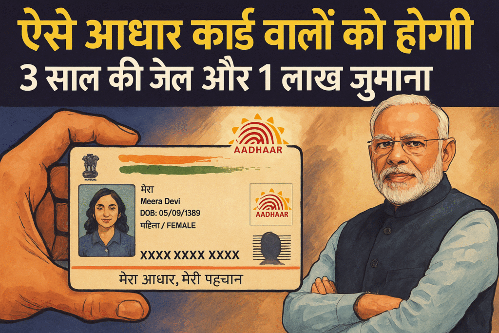 Violating Aadhaar card holders can now face a jail term of up to three years and a fine of up to ₹1 lakh. उल्लंघन करने वाले आधार कार्ड धारकों को अब तीन वर्षों तक की कारावास तथा ₹1 लाख तक का आर्थिक दंड दिया जा सकता है।