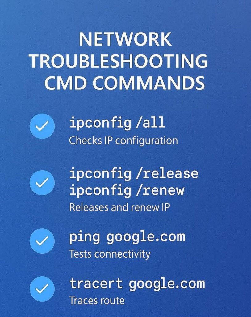 Network troubleshooting CMD commands for internet problem fix in Windows