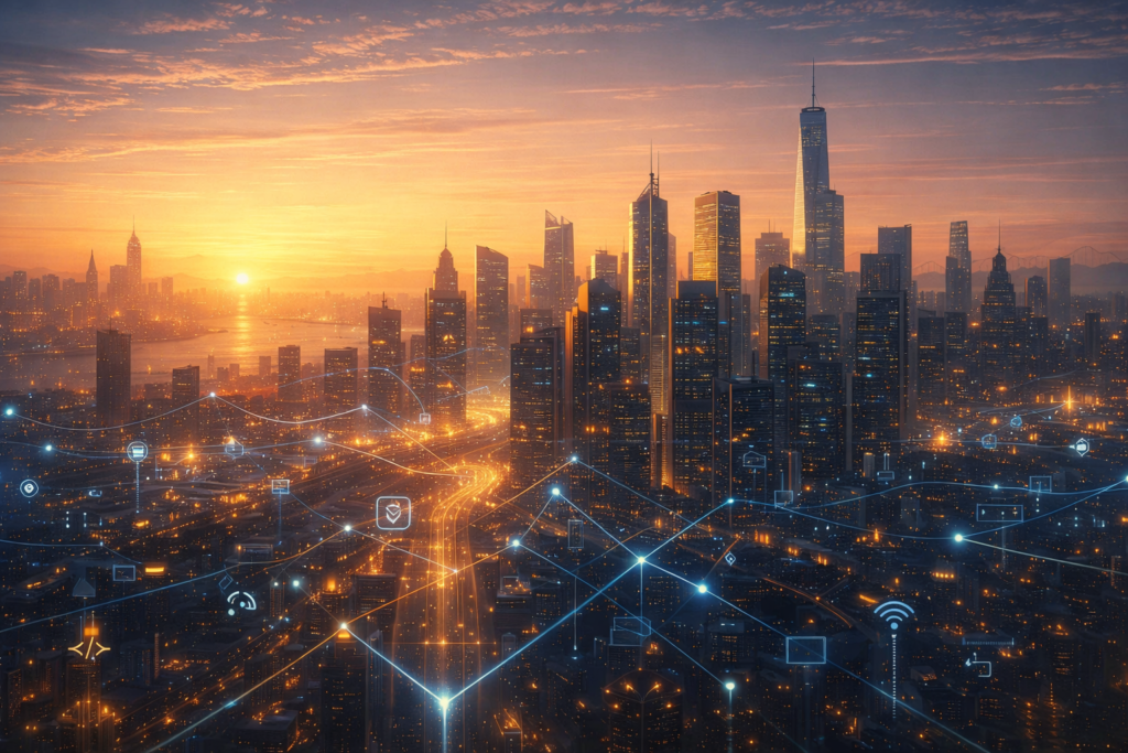 Futuristic city skyline with connected digital networks symbolizing high-paying programming careers and the global tech industry in 2026.