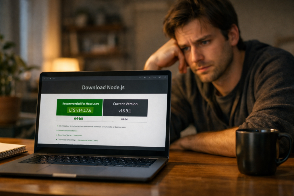 Beginner developer struggling with Node.js installation on a Windows laptop