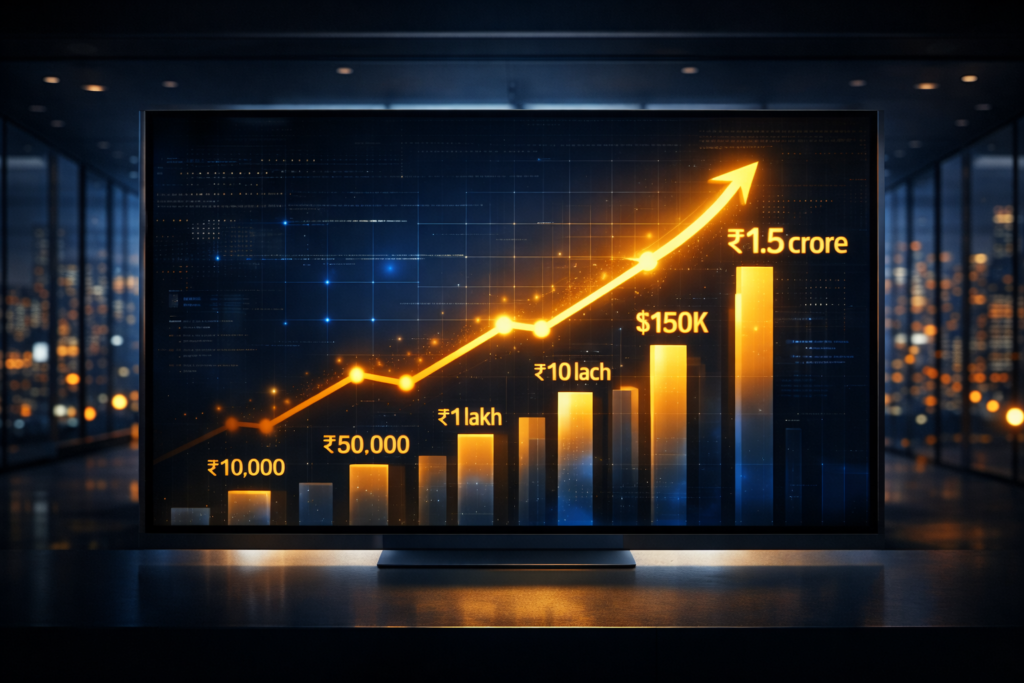 High paying programming career salary growth from ₹10,000 to ₹1.5 crore on digital display