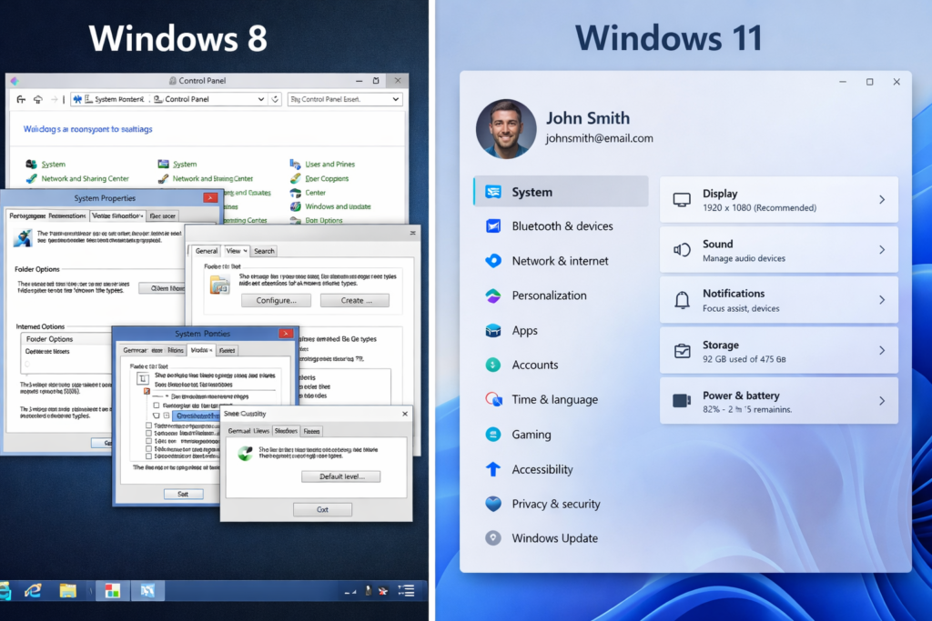 Windows 8 vs Windows 11 UI comparison, old Control Panel vs modern Settings app split-screen